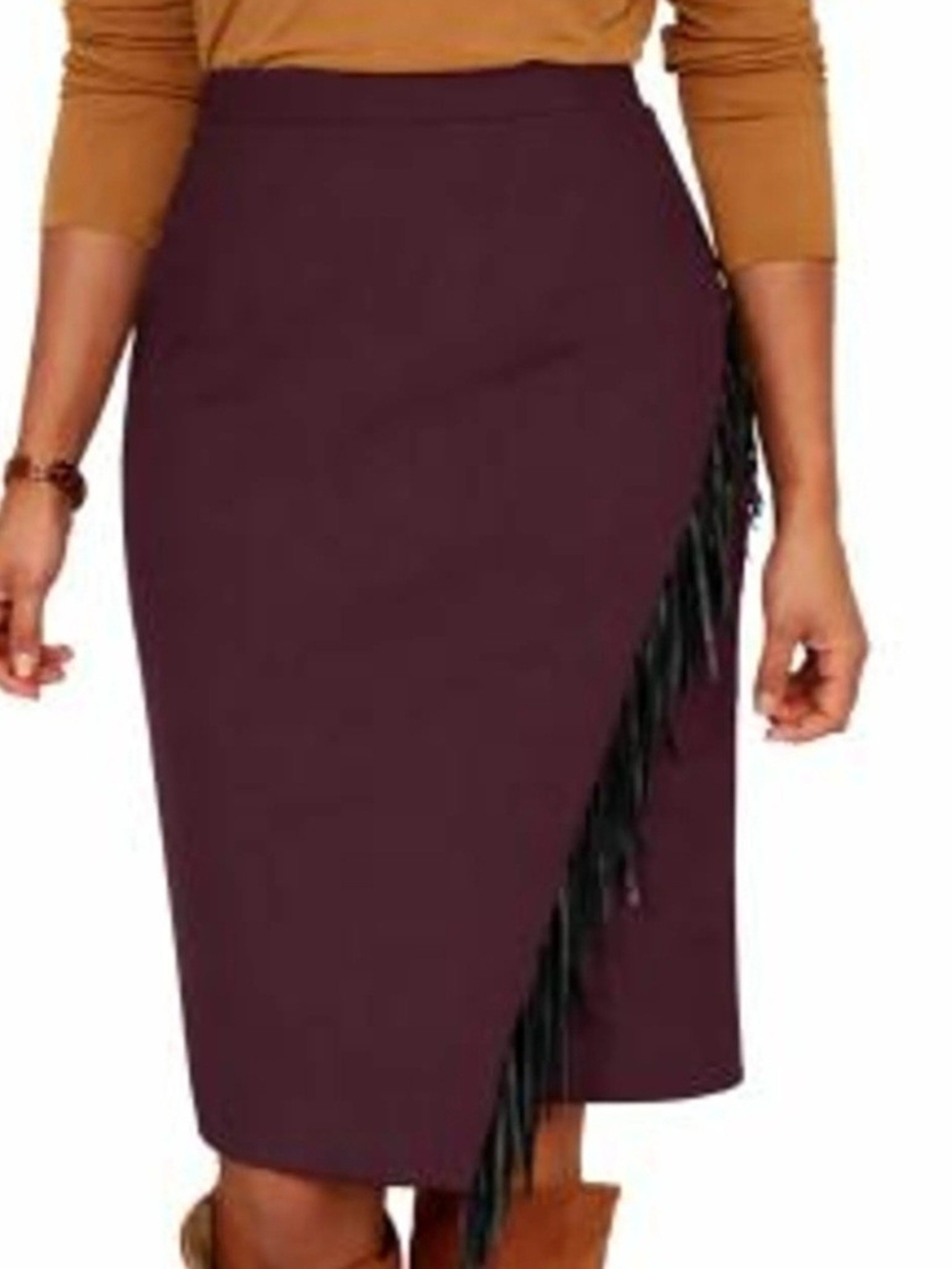 Colleen Lopez Deep Plum Ponte Knit Skirt with Fringe Trim- Size Small
